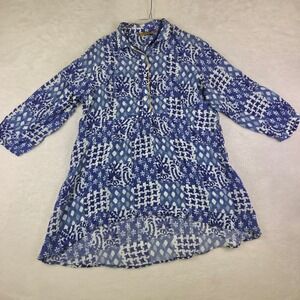 Benares Womens Blue White Block Print High Low Tunic Top 3/4 Sleeve Size L